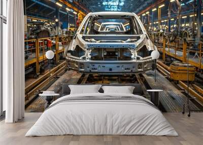 A car frame is showcased on a production line in a manufacturing plant, illustrating the early stage of vehicle assembly in a technologically advanced environment. Wall mural