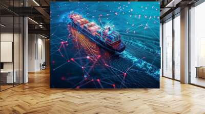 A cargo ship is depicted sailing in the ocean with digital lines and data points overlaying the scene, symbolizing the integration of technology in maritime logistics. Wall mural