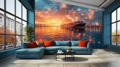 A cargo ship sails against a sunset backdrop, accompanied by a digital world map overlay, emphasizing the vast and interconnected nature of global maritime commerce. Wall mural