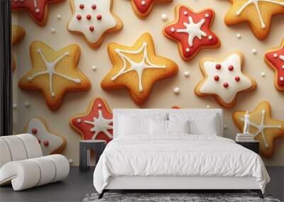 A collection of delicious star-shaped Christmas cookies decorated with icing, showcasing the festive and sweet nature of holiday baking traditions and treats. Wall mural