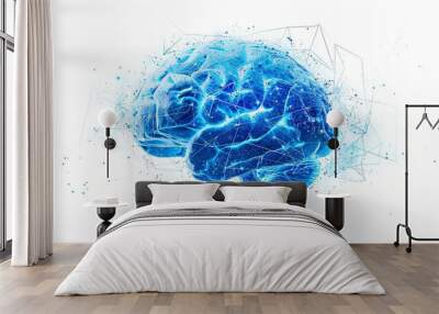 A conceptual digital blue human brain with connecting lines and particles on a white background Wall mural