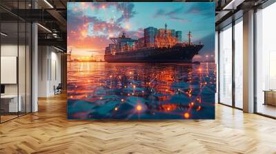 A container ship at sunset, surrounded by water and port cranes, overlaid with a glowing network pattern in the sky, representing the interconnectedness of global maritime trade. Wall mural