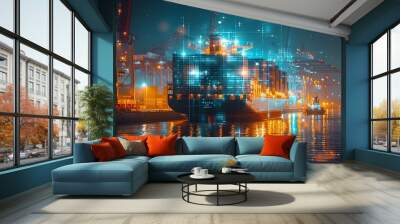 A container ship illuminated with a grid of glowing digital effects docked at a port at night, reflecting the intersection of technology and industry in global trade. Wall mural