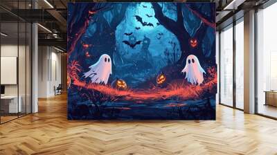 A dark, spooky forest scene with two whimsical ghosts, eerie jack-o'-lanterns with carved faces illuminated, and a creepy path under a moonlit sky filled with bats. Wall mural