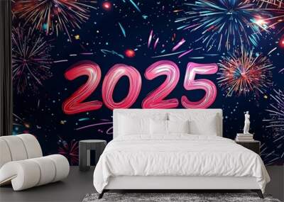 A dazzling array of fireworks bursts into the dark sky, marking the joyous arrival of the year 2025 with powerful colors, light trails, and celebratory energy throughout the image. Wall mural