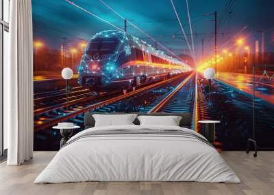 A futuristic train moving on tracks amidst an evening cityscape with digital enhancements, representing an intersection of technology and artistry in modern rail transport. Wall mural