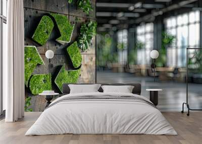 A green recycle symbol mounted on a wooden panel inside a spacious open office, reflecting sustainable design and environmental responsibility within a corporate setting. Wall mural