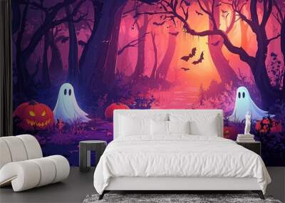 A haunted forest bathed in an eerie glow features two spooky ghosts and jack-o'-lantern pumpkins amidst an autumn landscape, with bats flying around in the twilight sky. Wall mural