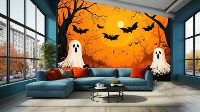 A hauntingly beautiful scene featuring two ghostly figures amidst a dark forest with bats flying in the orange sky and pumpkins lighting up the gloomy atmosphere. Wall mural