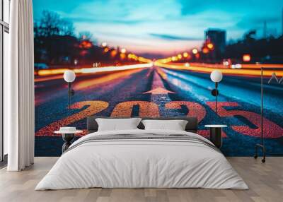 A highway with motion blur light effects and the number 2025 in focus, metaphorically representing the swift passage of time towards advancements and future events. Wall mural