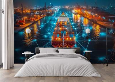 A large container ship is docked at a busy port during nighttime, illuminated by bright lights and connected by a digital network overlay. Wall mural