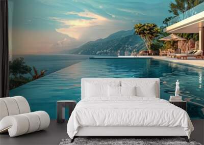 A picturesque sunset casts a golden glow over an infinity pool at a luxurious coastal villa, with modern architecture, comfortable seating, and breathtaking views of the ocean and horizon. Wall mural