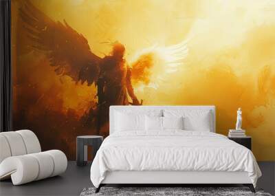 A powerful angelic being stands poised with a luminous sword, bathed in golden light, emanating strength, purity, and divine guardianship in a surreal, celestial backdrop. Wall mural