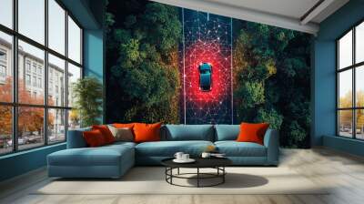 A sleek car travels a road illuminated by a web of glowing red lines, symbolizing digital connectivity in a blend of natural and technological elements. Wall mural