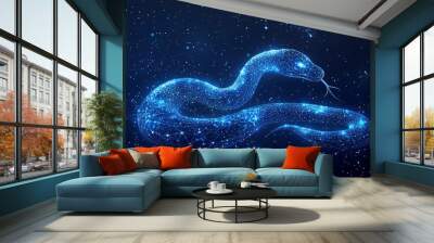 A sleek digital snake is formed by an array of interconnected blue glowing points and lines, set against a starry background, signifying a modern digital art piece. Wall mural