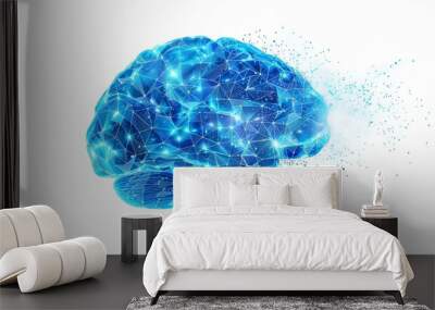 A striking digital blue brain with connected network nodes and sparkling effects isolated on a white background Wall mural