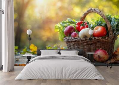 A sunlight-illuminated basket filled with various fresh vegetables like tomatoes, peppers, and onions, placed on a wooden surface with scattered autumn leaves. Wall mural