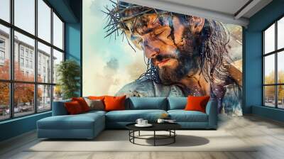 A symbolic artistic piece depicting a man with a crown of thorns carrying a wooden cross, capturing the significant emotion and symbolism associated with the crucifixion. Wall mural