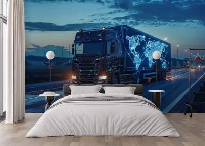 A truck driving on the highway, with a world map and digital network overlay, symbolizing global logistics, international trade, and technological advancements in transportation. Wall mural