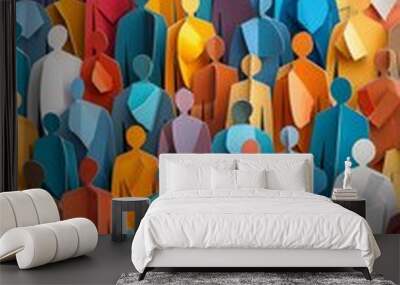 A vibrant array of paper-cut human figures closely packed, symbolizing cultural diversity and collective human spirit with an engaging mix of colors and shapes, blending into an artful pattern. Wall mural