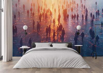 A visual representation of people silhouettes linked by glowing lines against a blurred cityscape, embodying networking and urban life Wall mural