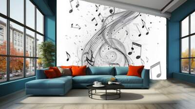 A visually dynamic image with black musical notes swirling in an abstract pattern, capturing the energy and flow of music through striking and intricate visual art. Wall mural