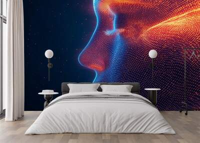 A vivid digital image of a human face with a glowing mesh pattern in bright orange and blue colors, showcasing abstract technological and futuristic themes. Wall mural