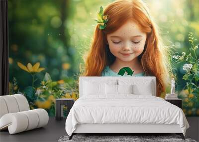 A young girl with red hair holds a recycling symbol in a lush flower garden, symbolizing environmental awareness and sustainability among nature lovers. Wall mural