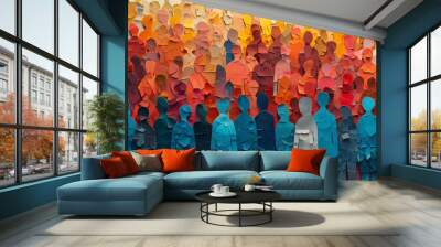 An abstract depiction of a diverse crowd in various vibrant shades, intricately textured with broken and irregular pieces, blending cool and warm hues harmoniously. Wall mural