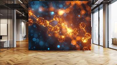 An abstract glowing molecular composition in a dynamic scene, symbolizing innovation and the vast complexity of scientific and technological advancements. Wall mural