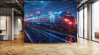 An advanced high-speed train, illustrated with glowing digital graphics from a side view, racing along the tracks at night, showcasing speed, technology, and modern transport. Wall mural