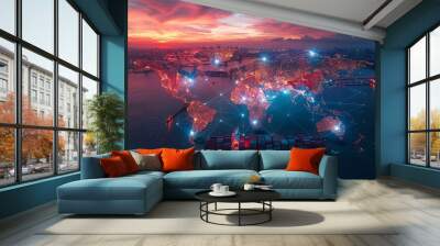 An artistic representation of global shipping lanes, featuring a cargo vessel and a brightly colored world map overlay, symbolizing international trade and logistics networks. Wall mural