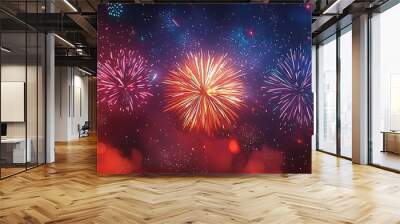 An astounding display of colorful fireworks lighting up the night sky, evoking a sense of festivity, joy, and celebration with vibrant colors spreading across the sky. Wall mural