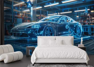 An electric vehicle is staged in a futuristic factory, draped with a digital mesh design, to highlight the innovative and technological advancements in the automotive industry. Wall mural