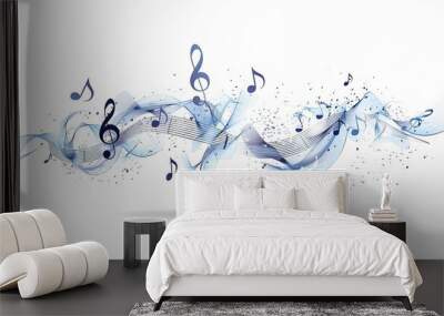 An elegant image featuring a translucent blue wave interspersed with musical notes on a clean white backdrop, symbolizing the serene beauty of music through minimalist design. Wall mural