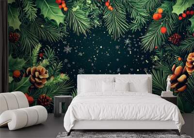 An enchanting frame of pine, holly leaves, pine cones, and red berries, sprinkled with snowflakes, making it an ideal image for seasonal and winter holidays. Wall mural