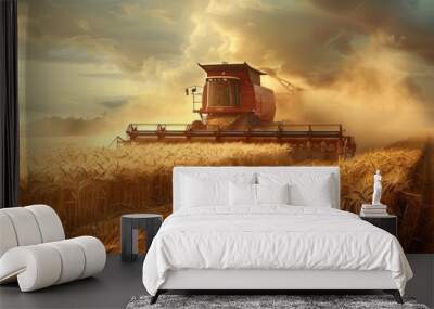 An enchanting portrayal of a red harvester working its way through a wheat field during a golden sunset, capturing the beauty of rural life and the perseverance of farmers. Wall mural