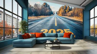 An expansive road illuminated by morning light directs the viewer towards 2025, underlining optimism and the essence of embarking on a promising journey forward. Wall mural