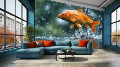 An eye-catching bright orange fish makes a striking leap from the water, with a significant splash surrounding it, showcasing the fish's vibrant color and active behavior. Wall mural