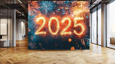 An impressive fireworks display with the year 2025 illuminated brightly in the center, capturing the spirit of new beginnings, celebrations, and the festive season. Wall mural