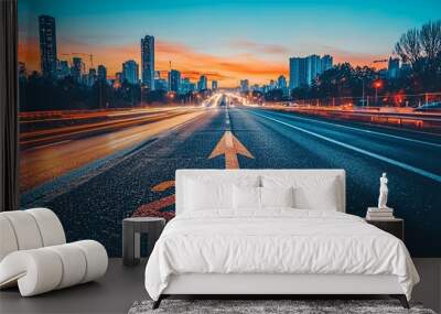 An urban road illuminated with glow lights paving the way to the year 2025, capturing the essence of futuristic growth, speed, and the ever-evolving urban landscape. Wall mural