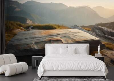 Beautiful mountain landscape with a large rock in the foreground. Wall mural