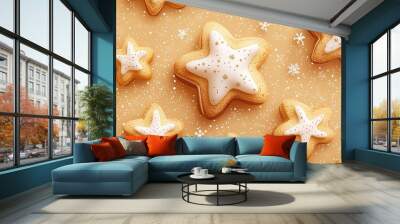 Charming star-shaped cookies, golden brown in color, with white icing are displayed on a golden background, complemented by light snowflakes and sprinkles. Wall mural