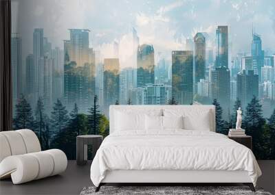 City double exposure landscape of green summer forest vegetation at sunset Wall mural