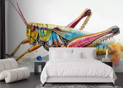 Colorful watercolor style illustation of cricket in vivid multicolor isolated Wall mural