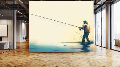 Graphic design illustration silhouette of fisherman holding rod with line fishing alone isolated Wall mural