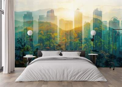 Green summer forest vegetation double exposure overlay with urban downtown cityscape Wall mural