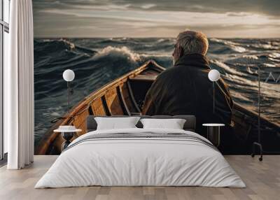 Handsome senior man sitting in a boat on the sea at sunset Wall mural