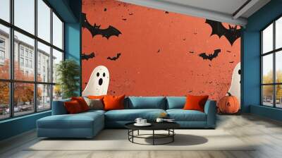 Minimalistic Halloween scene with two white ghosts, black bats, and orange background along with pumpkins to show Halloween celebration in a clean, fun manner. Wall mural