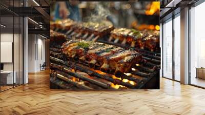 Multiple racks of ribs being perfectly grilled on a barbecue with fresh herbs enhancing the flavor, making it a delectable sight for barbecue lovers. Wall mural